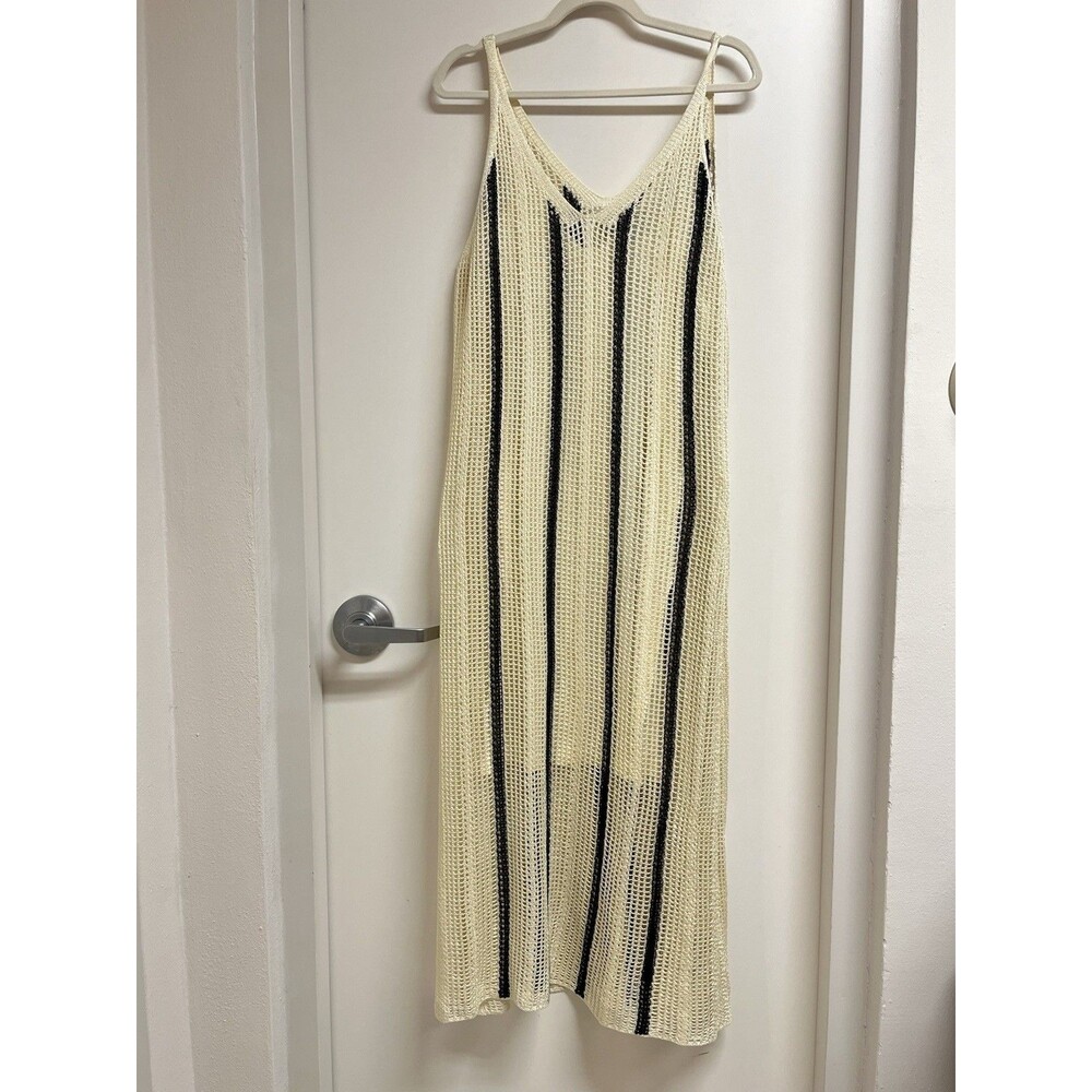 A New Day Pointelle Maxi Dress Women XXL Cream Striped Boho Beach Knit Sheer